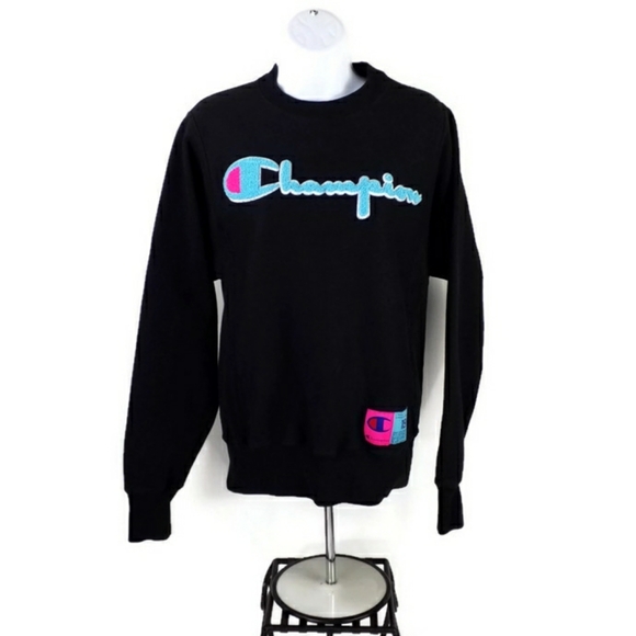 Champion Reverse Weave Crewneck Chenille Logo Pullover Sweatshirt Black Mens XS - Picture 1 of 14